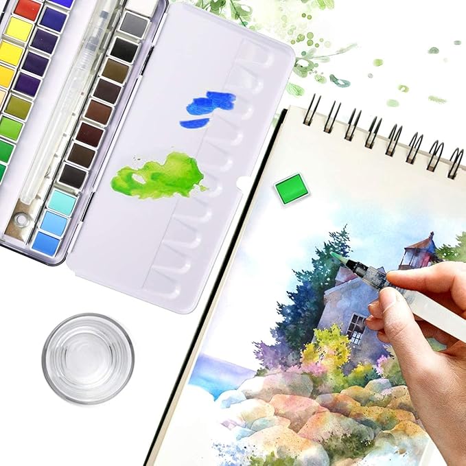 Watercolor Paint set, 36 Colors Premium Solid Watercolor Half Pans in Tin Box, 1 refillable Water Brush Pen, Art Pigment Kit Perfect for Artists Students Kids Beginners and Art Lovers