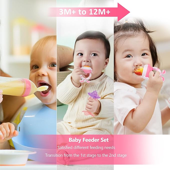WAJIAYON Baby Fruit Feeder Pacifier - 6 Pack | 2 Infant Food Feeder Pacifier & 2 Baby Food Dispensing Spoon | Fresh Fruit Teethers for Babies | Silicone Feeder Babies,Infant Teething Feeders -Pink