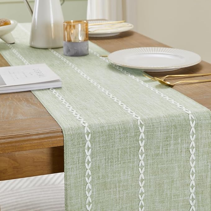 Wracra Rustic Linen Table Runner, Sage Green Table Runners 36 inches Long | - Image 6