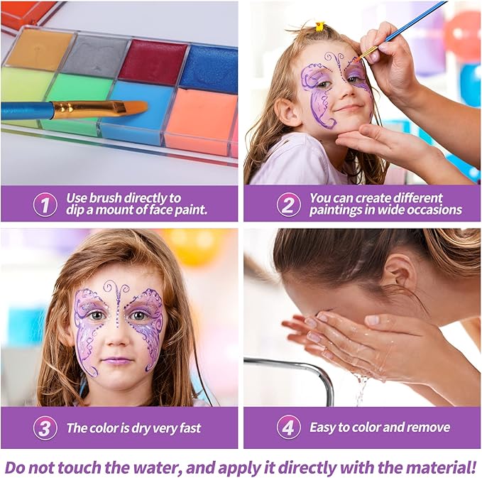 VESPRO Face Painting Kit For Kids Party,32 Colors Professional Oil Face&Body Paint Kit with 10 Brushes 4 Reusable Face Stencils,2 Glitters and 2 Sponges for Kids and Adults Halloween Makeup
