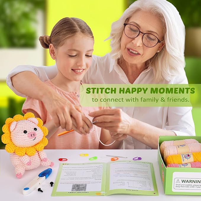 Crochet Kit for Beginners, Crochet Kit w Step-by-Step Video Tutorials, Crochet Starter Kit Learn to Crochet Kits for Adults Kids Beginners, Crochet Kit Pig (40%+ Yarn Content)