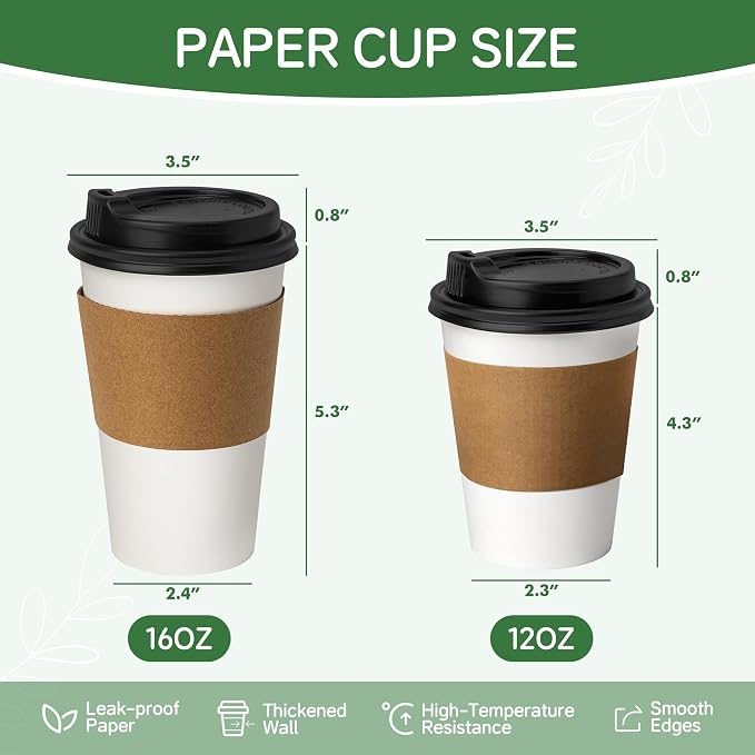 16oz 100 Pack Coffee Cups with Lids Leakproof - Image 2