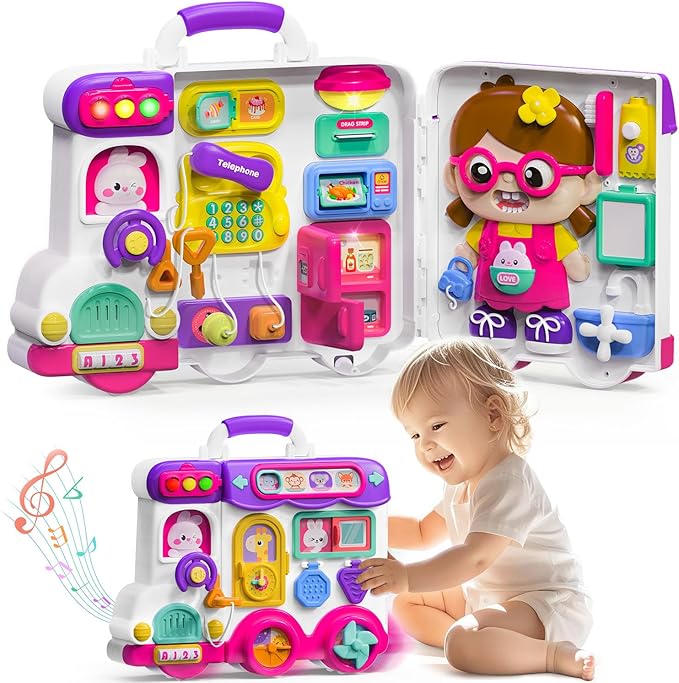 Montessori Busy Board for 1-2 Year Old Girl Gift,Musical Toys for Toddlers 1-3 Year,Educational Fine Motor Baby Toys for 12 18 Months,Perfect for Preschool or Travel,Birthday Gift for 1+Year Old Girl