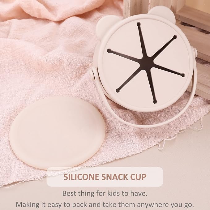 Snack Cups for Toddlers, Baby Snack Containers, Silicone Toddler Snack Cups No Spill, Food Catcher with Lid & Bucket-like Handle, BPA Free & Dishwasher Safe, 9 Ounce Creme