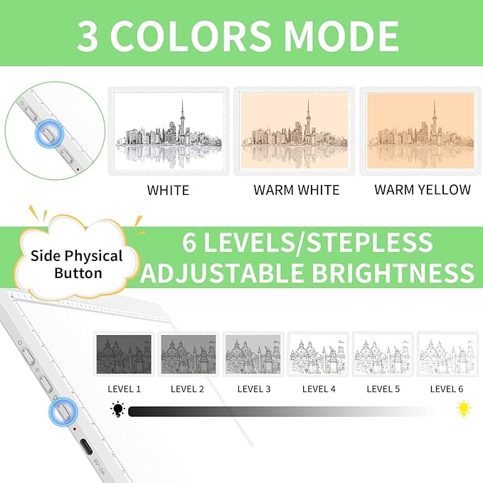 KOBAIBAN A3 Magnetic Light Pad with Bag, Rechargeable Diamond Art Light Board with Side Physical Buttons, 3 Color Light Modes Super Bright Light Table Light Box for Tracing, Drawing, Sketching (White)