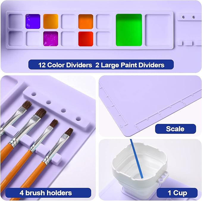 AWOKE Silicone Painting Mat - 20"X16" Silicone Art Mat with 1 Water Cup for Kids - Craft Mat has12 Color Dividers - 2 Paint Dividers (Purple)