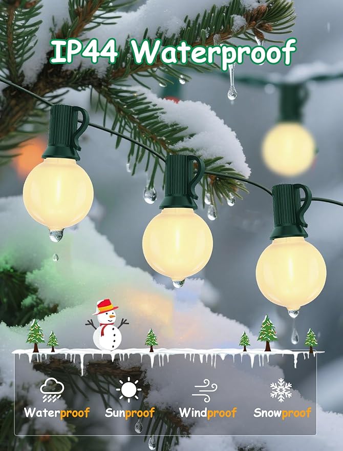 25Ft Outdoor Christmas Lights, Dimmable G40 LED Patio String Lights with 27 Frosted White Globe Bulbs, Green Wire Outdoor Christmas Decorations Lights Waterproof for Wedding Party Porch Backyard