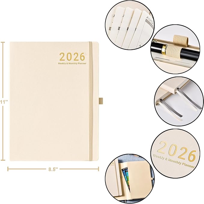2026 Planner - JAN 2026 - DEC 2026, Planner 2026, Weekly and Monthly Planners, Leather Cover Planners with Thick Paper, Back Pocket with Notes Pages, Seashell Gold (8.5" x 11")