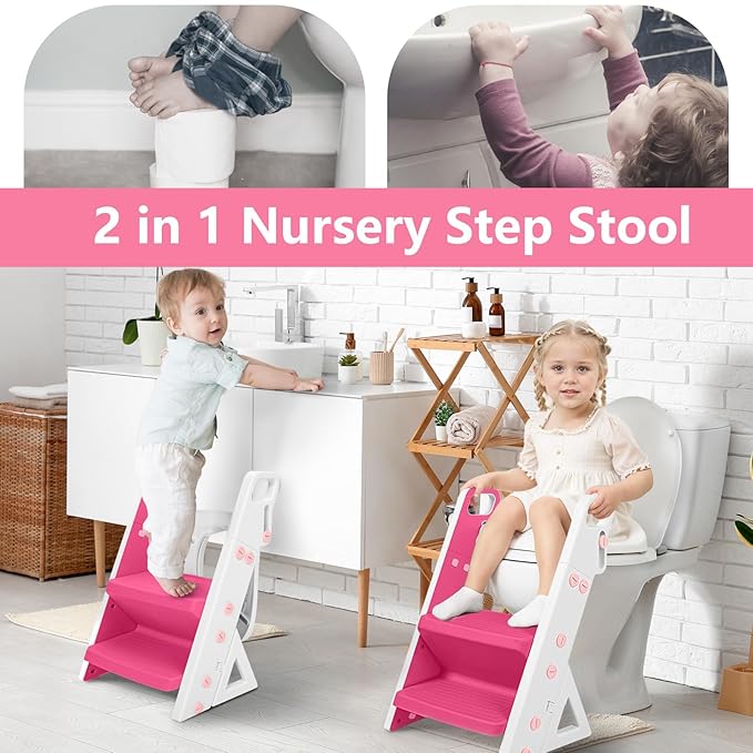 Easy Storage Potty Training Seat with Ladder, Adjustable Step and Toilet Seat Height, Easy-Grip Handles for Climbing, Foldable Portable Toddler Toilet Trainer, Perfect for Small Bathrooms