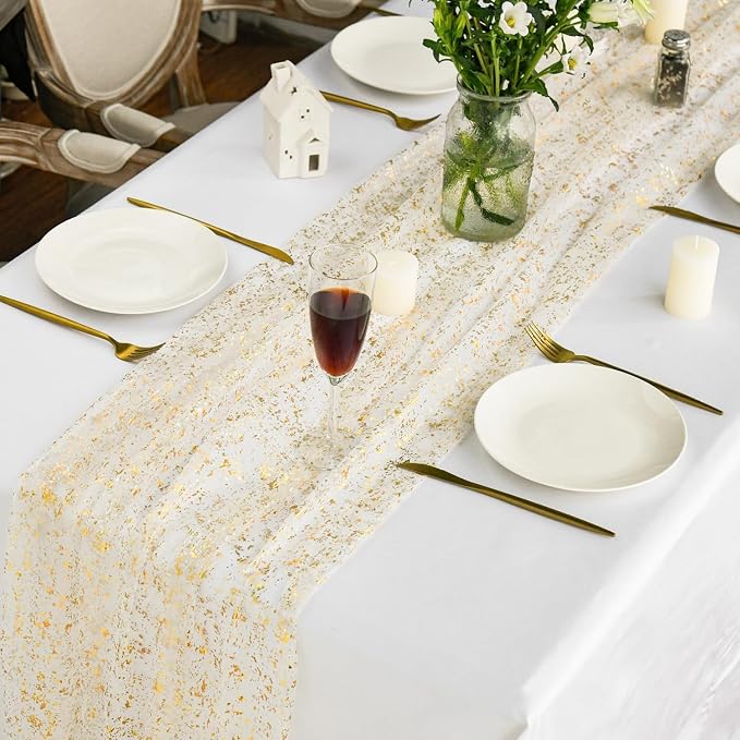 Artoid Mode Beige Gold Gauze Table Runner 120 Inch 10Pcs, Glitter Metallic Foil - Image 4