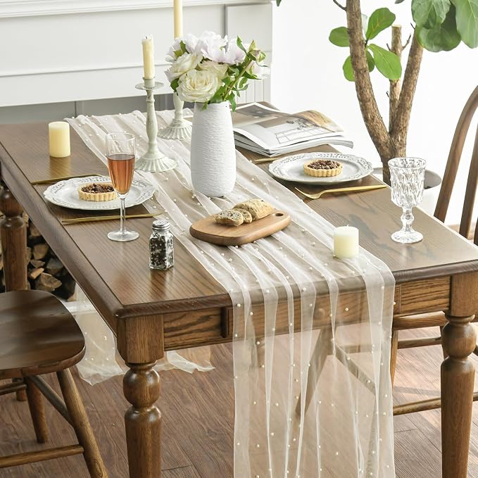 Artoid Mode Pearl Beige Gauze Table Runner 59x120 Inch, Seasonal Sheer Kitchen - Image 4