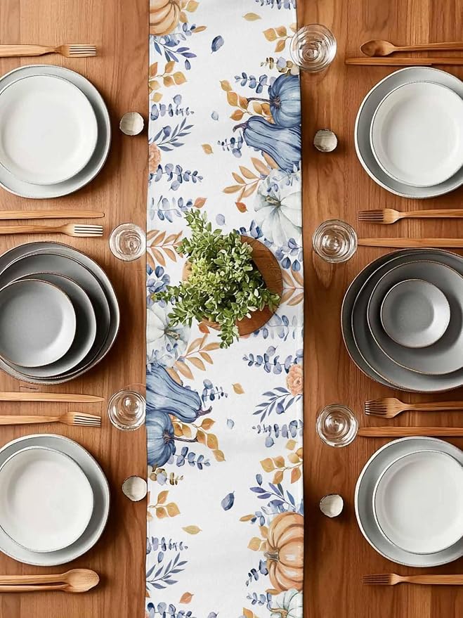 Blue Pumpkin Fall Table Runner 72 Inches Long, Thanksgiving Floral Eucalyptus - Image 7