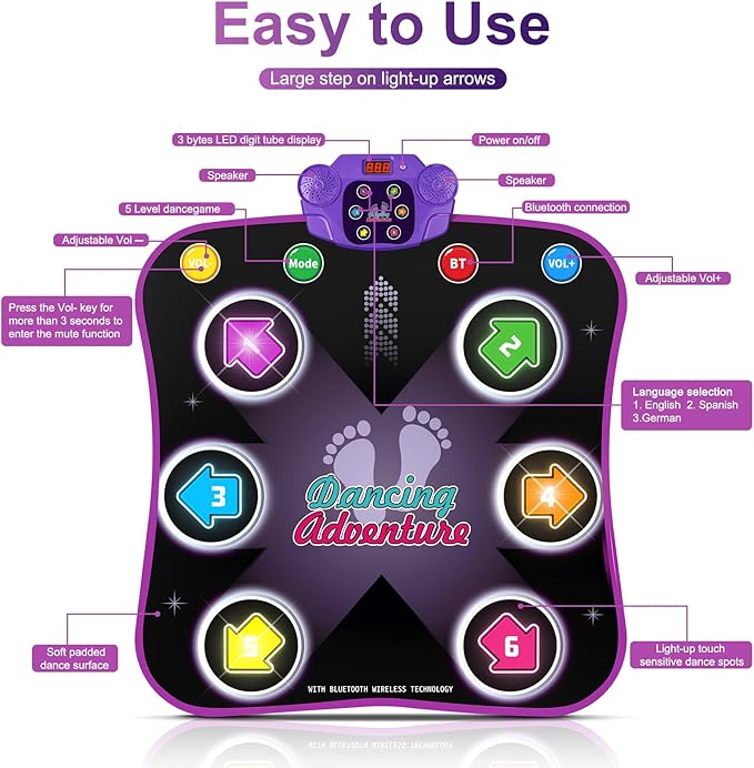 Flooyes Dance Mat Toys for 3-12 Year Old Kids, Electronic Dance Pad with Light-up 6-Button Wireless Bluetooth, Music Dance with 5 Game Modes, Birthday Toys Gifts for 3 4 5 6 7 8 9 10+ Year Old Girls