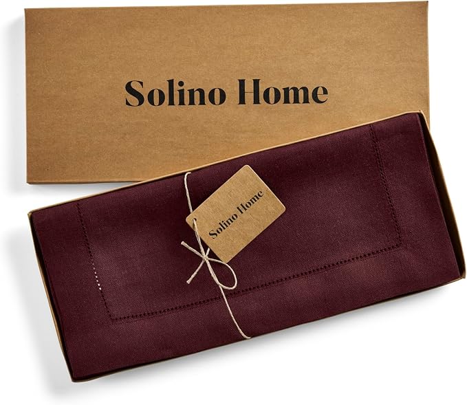 Solino Home 100% Pure Linen Table Runner Burgundy Hemstitch, 14 x 132 in | - Image 5