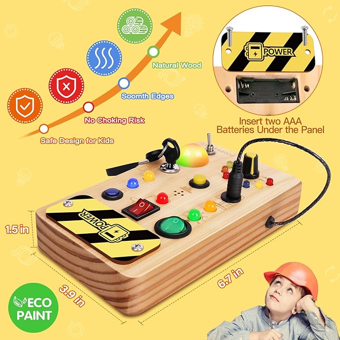 Busy Board Montessori Toys for Toddler, Wooden Sensory Board Switch Toy with Color-Changing LED Light Up Travel Toys Educational Plane Travel Activity for 1-6 Year Old Girls & Boys Gifts