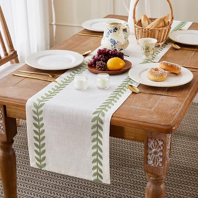 Wracra Embroidered Table Runner, Sage Green Table Runners 36 Inches Long | - Image 3
