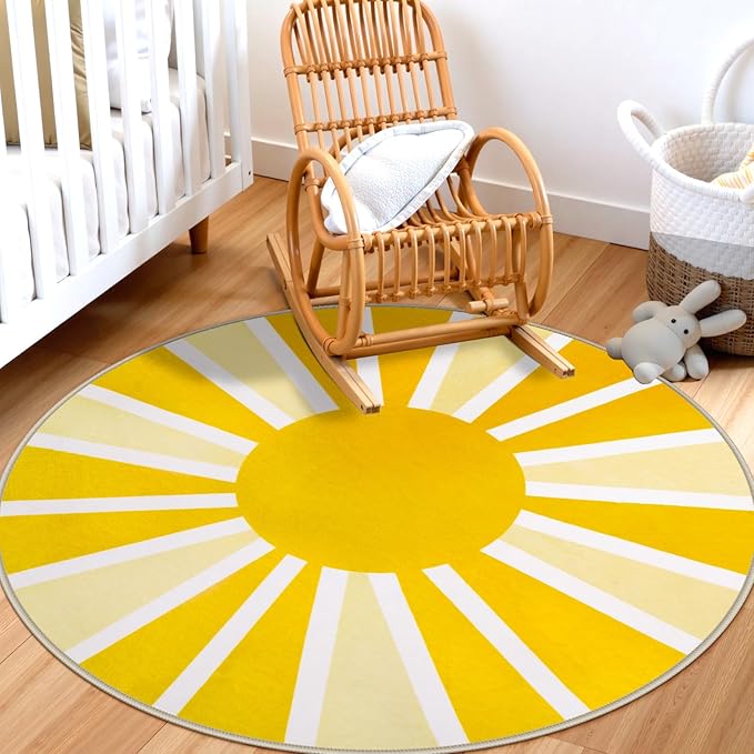 Lahome Yellow Rainbow Sun Round Rug: 4ft Washable & Non-Slip Low Pile - Image 7