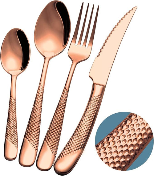 16-Pc Modern Copper Hammered 18/10 Stainless Steel Silverware Set | Ultra Sharp by Xideman