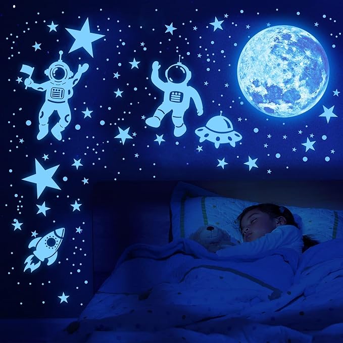 1017Pcs Glow in The Dark Stars for Ceiling Glow in The Dark Moon and Planet Wall Decal Luminous Astronaut Universe Galaxy Space Wall Stickers for Kids Boys Bedroom Blue