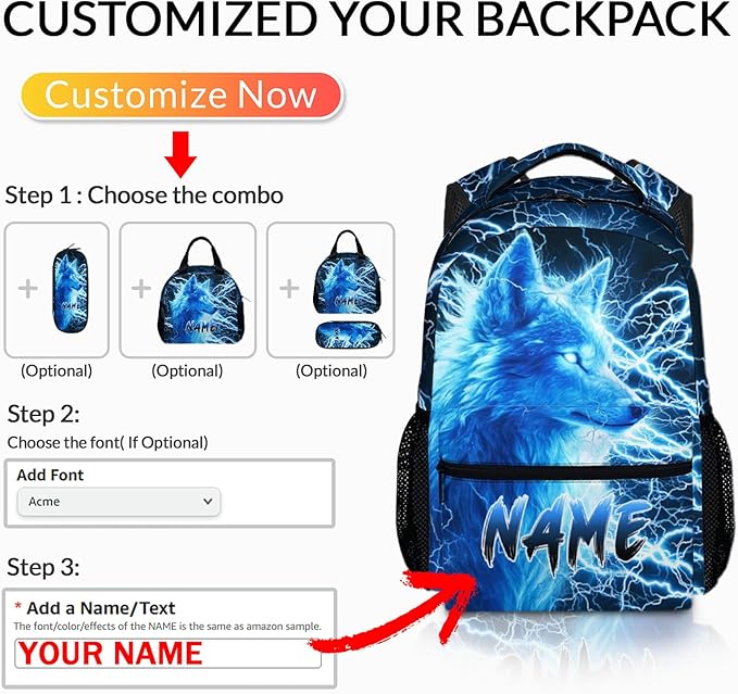 Custom Wolf Backpack for Boys Kids - 17 Inch Personalized Lightning Backpack for School Kindergarten Elementary Primary Senior Middle - Durable Cool Schoolbag with Name