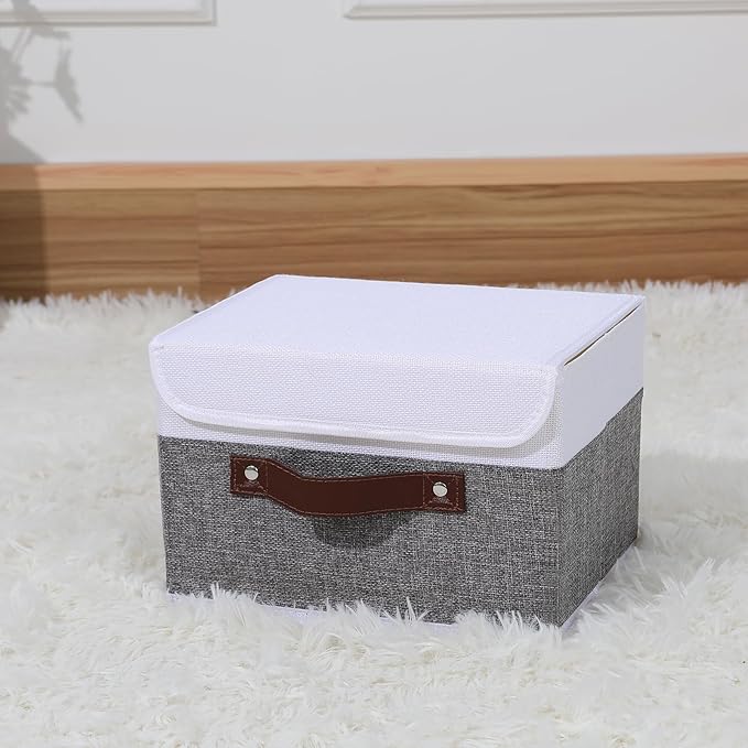 ANMINY Storage Boxes with Lids Washable Decorative Storage Bins Basket with PU Leather Handle Foldable Linen Fabric Storage Cubes Containers for Home Closet Organizer - Gray White, Small Size