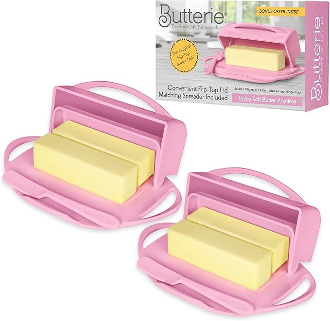Flip Top Butter Dish with Attached Lid & Matching Knife, 2 Pack by Butterie