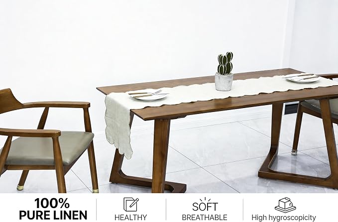 100% Natural Linen Rustic Scalloped Embroidery Table Runner 144 Inches Long - Image 2