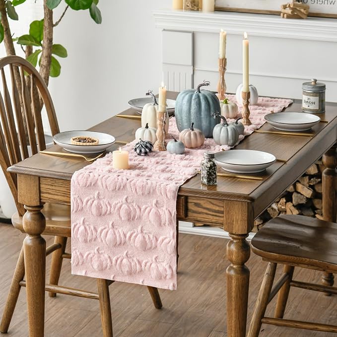 Artoid Mode Pink Soft Faux Fur Pumpkins Fall Table Runner 13x72 Inch | Seasonal - Image 6