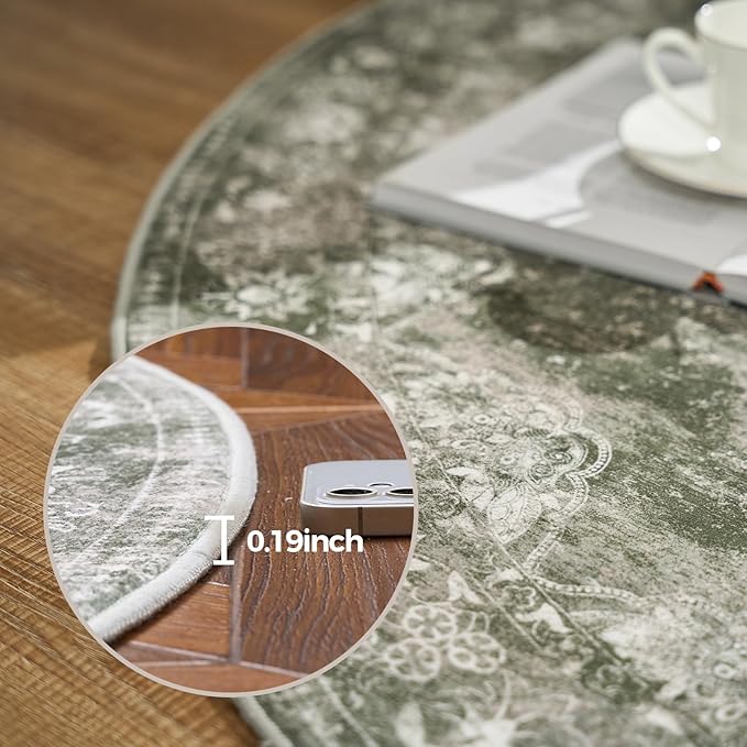 jinchan Round Rug 5ft Area Rug - Green Vintage Floor Mat Kitchen Indoor - Washable Circle 5' Thin Floral Print Carpet Retro Farmhouse Non Slip Dining Room Living Room Bedroom Office