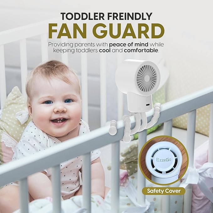 Portable Mini Travel Stroller Fan - Battery Operated, Clip On, Small, Handheld, Rotating, Rechargeable, Personal Fan with Flexible Tripod, 3 Speeds for Baby Crib, Bed Car, Seat Treadmill