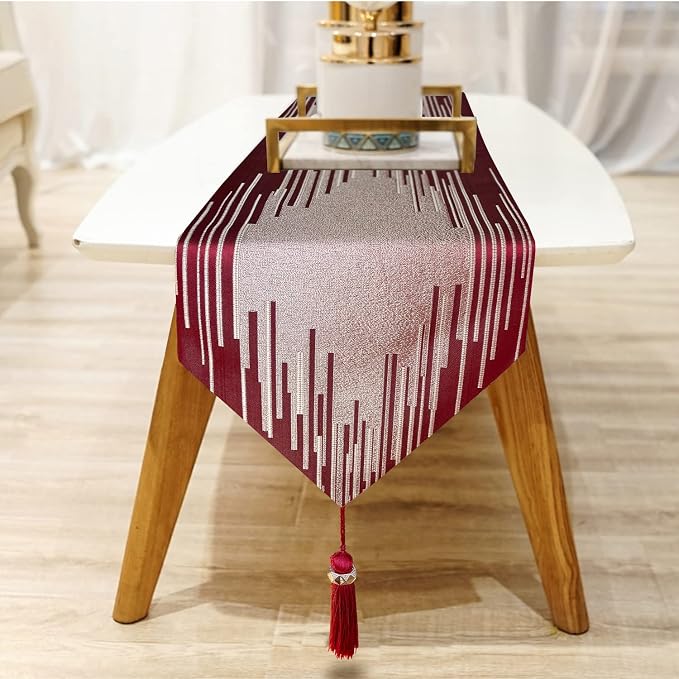 Elegant Modern Red Table Runner, Embroidery Geometric, Ring Tassels | Table - Image 4