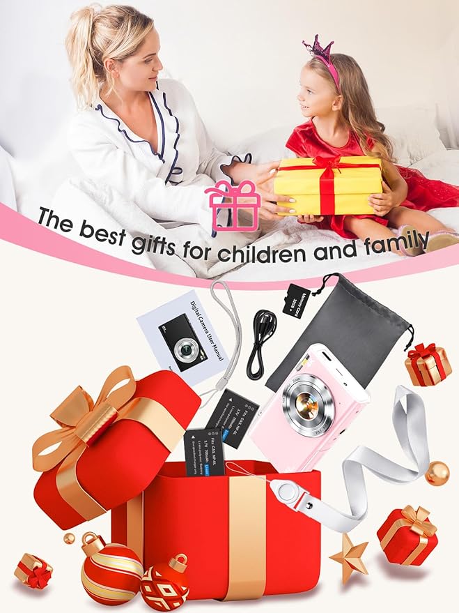 Digital Camera,Autofocus 4K Vlogging Camera for Photography with 32GB Card,48MP Portable Compact Point and Shoot Digital Camera for Teens Adult Beginner with 16X Zoom,Anti-Shake,2 Batteries(Pink)