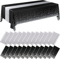 24 Packs Black and Silver Disposable Plastic Tablecloths and Satin Table Runner by Breling