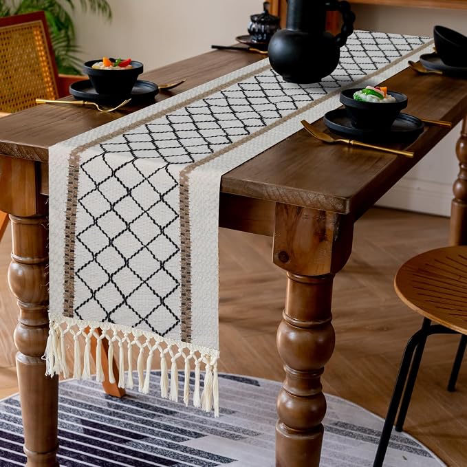 EMMTEEY Macrame Table Runner Boho Style 94 Inches Long, Hexagonal Black | - Image 6