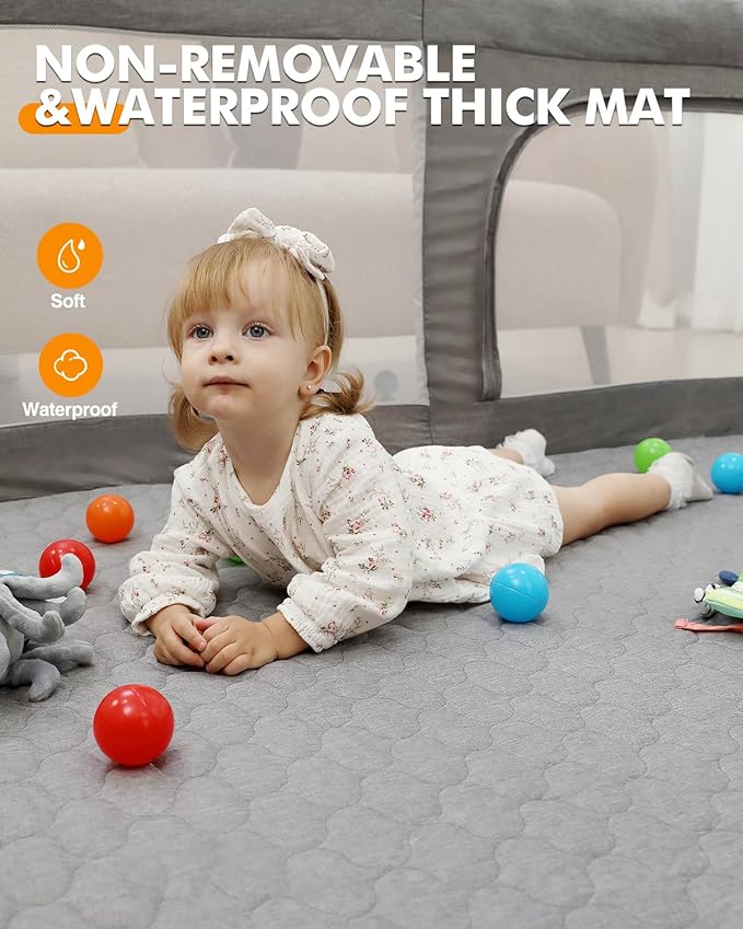 Foldable Baby Playpen with Non-Removable Thick Mat, Extra Large Collapsible Play Yard for Babies & Toddlers, Portable Travel Playpen with Gate, Safe Activity Center (59"×71" Grey)