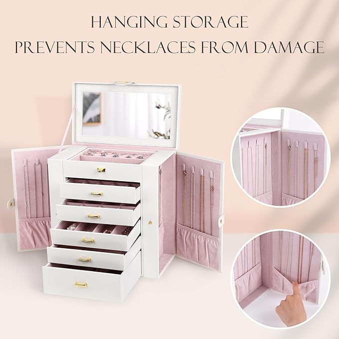 Kendal Extra Large Jewelry Box Jewelry Case PU Leather 6 Tier 5 Drawers Large Storage Capacity with Mirror Jewelry Storage Organizer Great Gift Also Good For Watches LJC-SHD5CM(White)