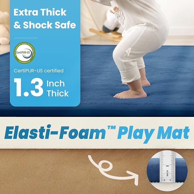 1.3" Thick Baby Play Mat for Floor Playpen, 50x50 Foam Tummy Time Mat, Padded Support Soft Plush Nursery Rug for Infant Kids Toddler Crawling Kick Activity (Royal Blue)