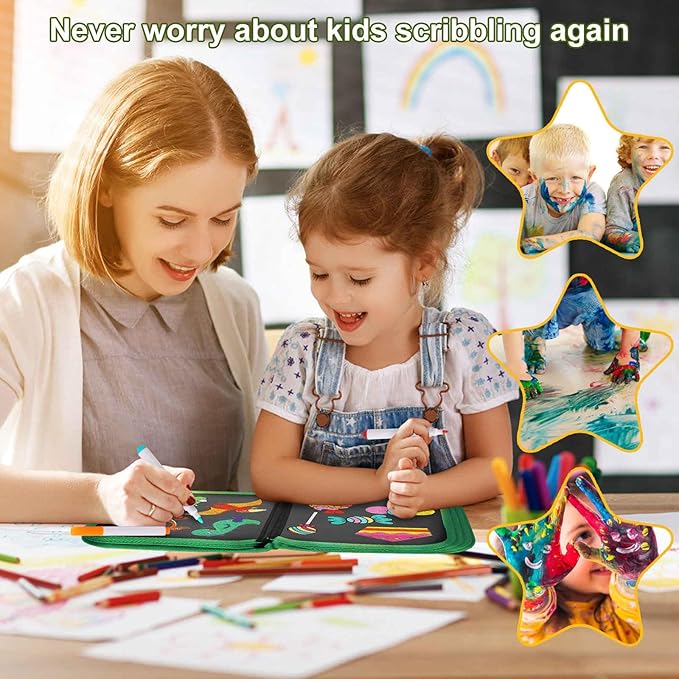 Erasable Doodle Set for Kids - Reusable Magic Drawing Book with 12 Watercolor Pens 14 Page Drawing, Road Trip Car Game Writing Painting Set for Boys and Girls (Traffic Light)