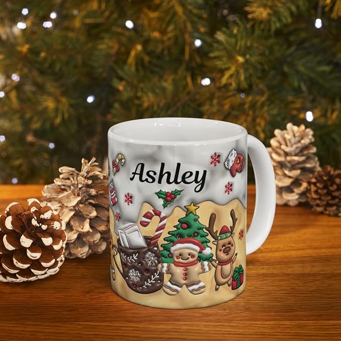 Custom 3D Effect Christmas Mugs with Names, Santa Claus Coffee Mug, Personalized Reindeer Accent Mug Christmas Gifts For Women Men Friends Family Gingerbread Man Mug 11 or 15 Oz