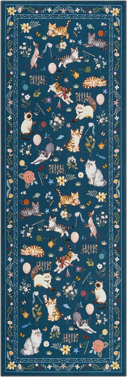 Unirea 2x6 Dark Blue Cat Runner Rug, Washable Non Slip Botanical Rug - Image 2