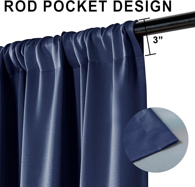 XWZO Full Shading Blackout Curtains 84 Inches Long with Tiebacks- Heat and Light Blocking Rod Pocket Window Drapes with Black Liner Backing for Bedroom/Kid's Room, Navy Blue, W52 x L84, Set of 2