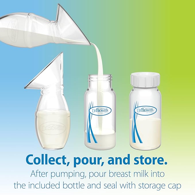 Dr. Brown's 100% Silicone One-Piece Breast Pump,Hands-Free Breast Milk Collector with Anti-Colic Options+ Baby Bottle (4 oz/120 mL),Level 1 Nipple,Travel Lid and Travel Bag