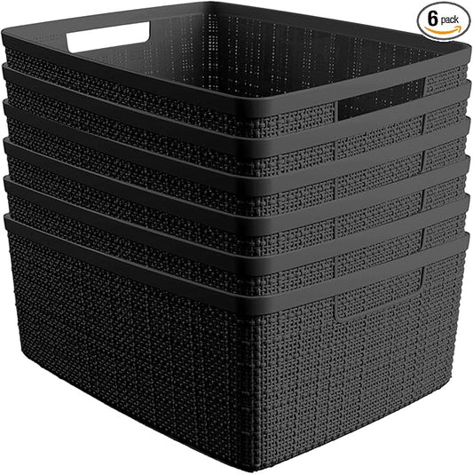 Curver Set of 6 Jute Medium Decorative Plastic Organization and Storage Baskets, Perfect Bins for Home Office, Closet Shelves, Kitchen Pantry and All Bedroom Essentials, Black