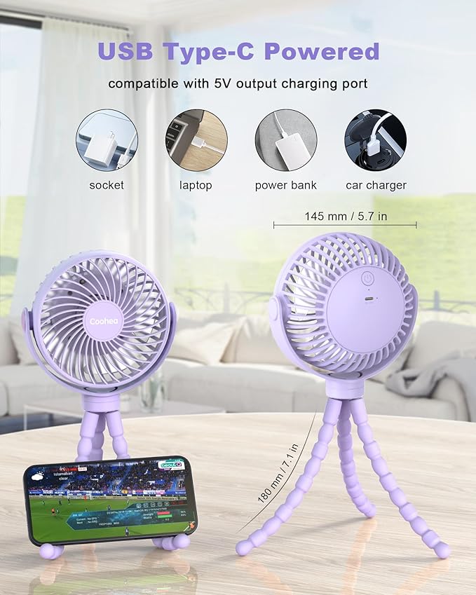 Stroller Fan Clip on for Baby, 4000mAh Rechargeable Battery Operated, Flexible Tripod, 3 Wind Speed, 360° Rotatable, Small Portable Fan for Car Seat Crib Backseat Beach Travel Camping, Purple
