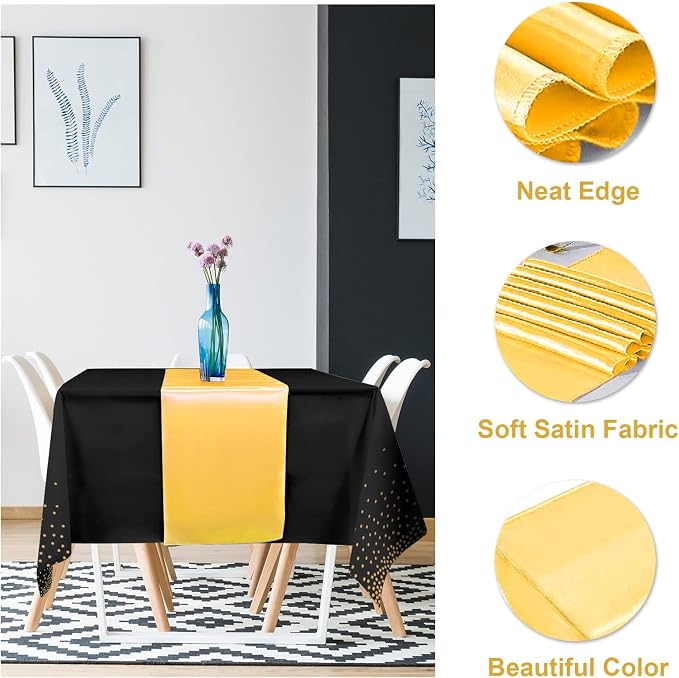 16Pack Disposable Plastic Tablecloths and Satin Table Runner Set Black Gold Dot - Image 3