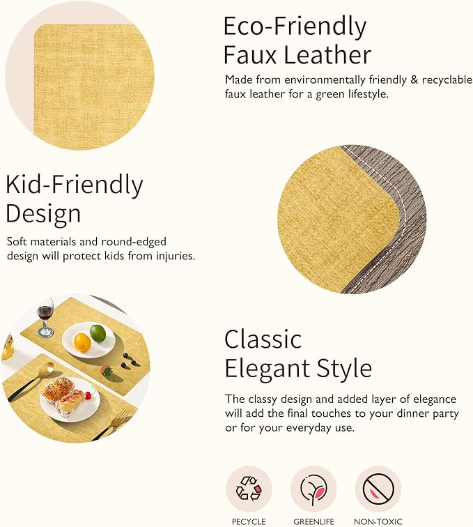 Maxpearl Faux Leather Placemats Set of 8, Light Yellow | Waterproof - Image 9