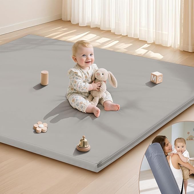 Baby Play Mat 47x47 Inches, Extra Thick 1.2" Foam Floor Mat for Tummy Time & Crawling, Waterproof Non-Slip Faux Leather Playpen Mat for Infants Toddlers, Indoor Outdoor Gym Activity, Gray