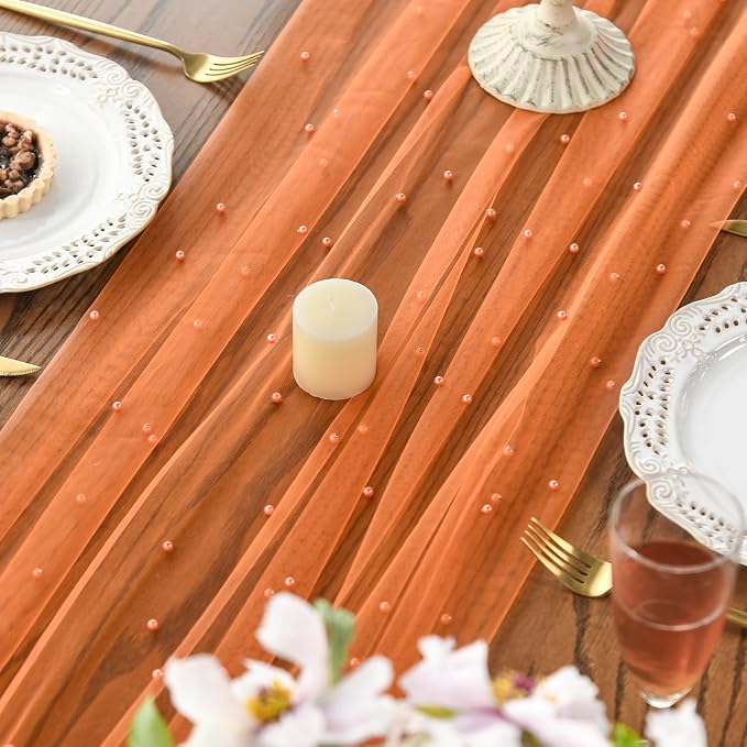 Artoid Mode Pearl Orange Gauze Table Runner 59x120 Inch, Seasonal Sheer Kitchen - Image 4