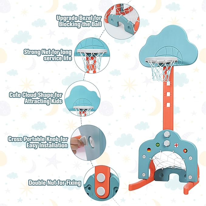 Costzon Kids Basketball Hoop, Toddler Sports Activity Center w/ 5 Adjustable Height Levels, Basketball Soccer Golf Game Set, Indoor Outdoor Basketball Hoop Set Gift for Baby Infant