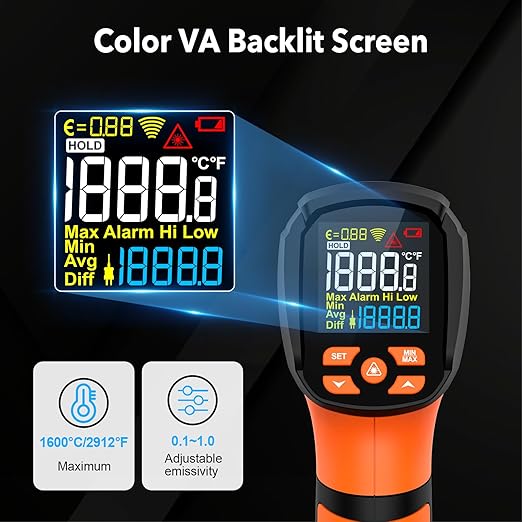 MESTEK Infrared Thermometer Temperature Gun -40℉~2912℉, High Temp Thermometer with Thermocouple Probe, Non-contact Digital Laser Thermometer Gun 50:1 Pyrometer for Industrial HVAC Forge Metal Smelting